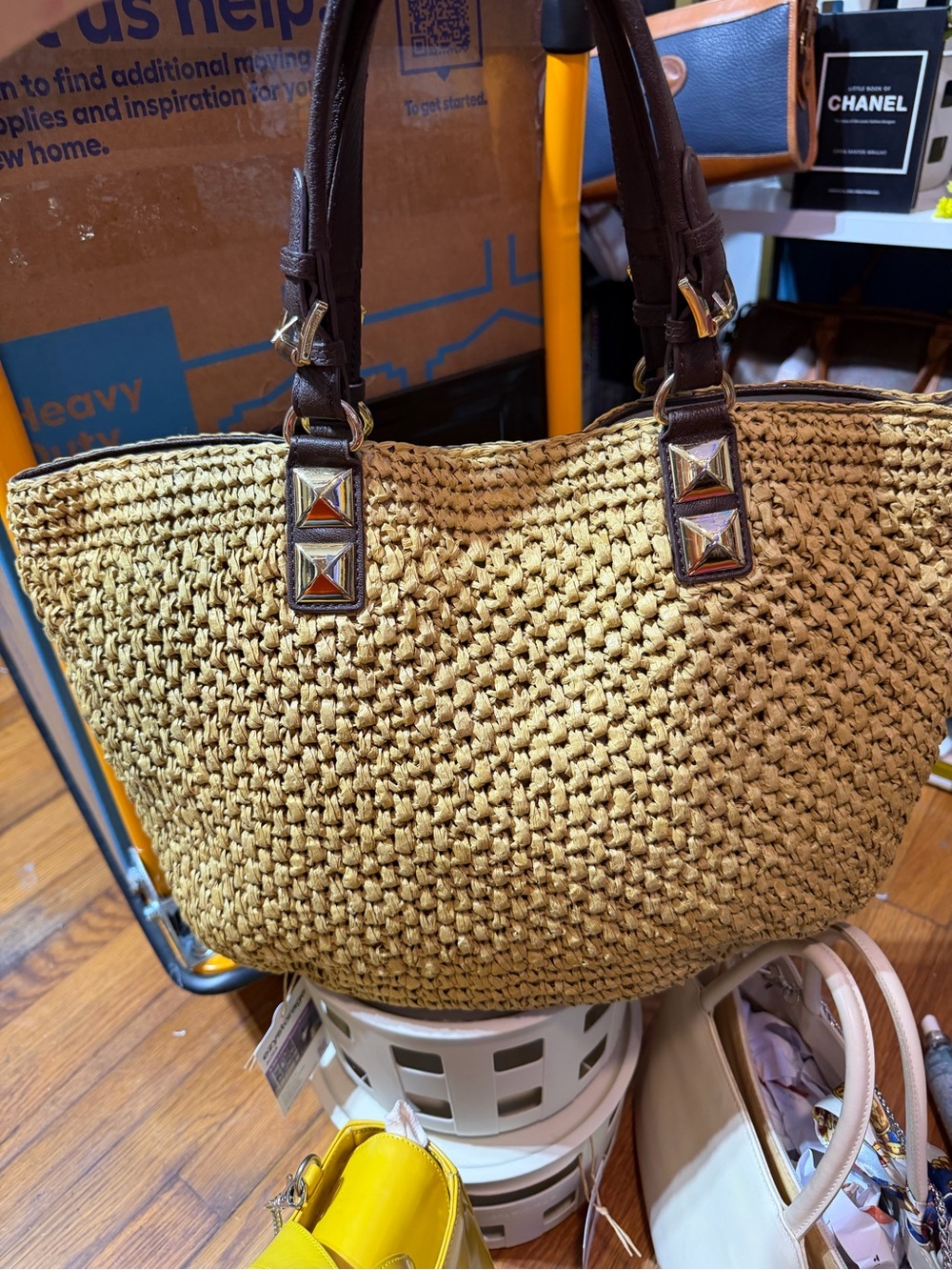 Michael Kors Straw Tote Bag Large Woven Raffia Beach Shoulder Bag Leather Trim - Picture 3 of 5